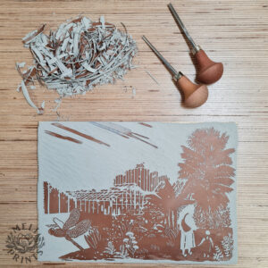 Linocut block engraved